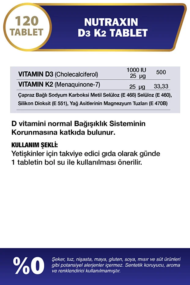 Vitamin D3K2 120 Tablet - 1000 IU D3 + 25 Mcg K2 Takviye Edici Gıda